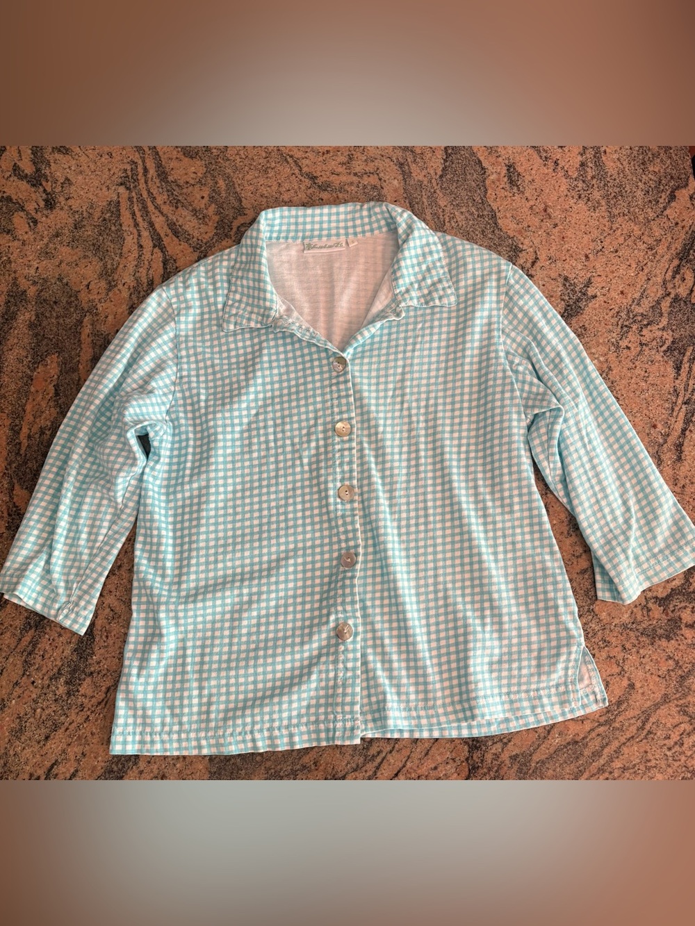 Lulu-B Turquoise and White Gingham Plaid 3/4 Sleeve Button Down Collar, Size S